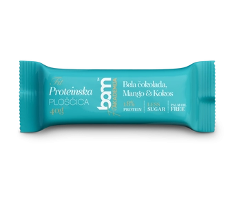 Proteínová tyčinka so sladidlami, bielou čokoládou, mangom a kokosom
